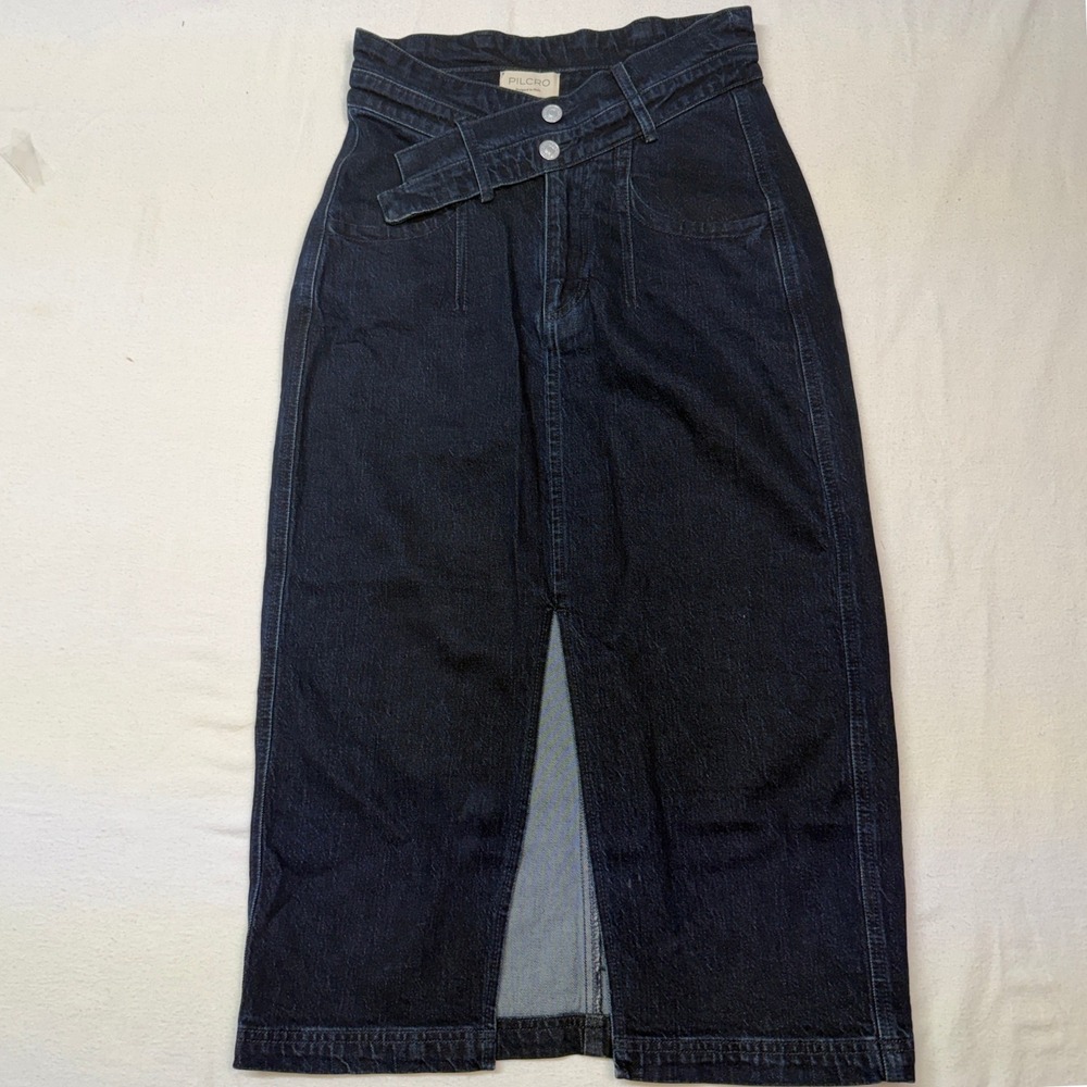 PILCRO denim skirt women 4 high rise crossover waist dark wash midi length